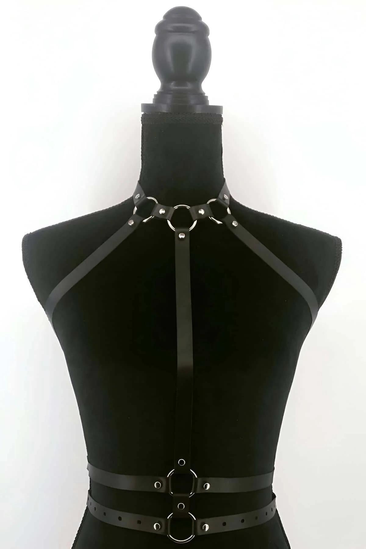 Adjustable Faux Leather Body Harness with Collar & Waist Straps