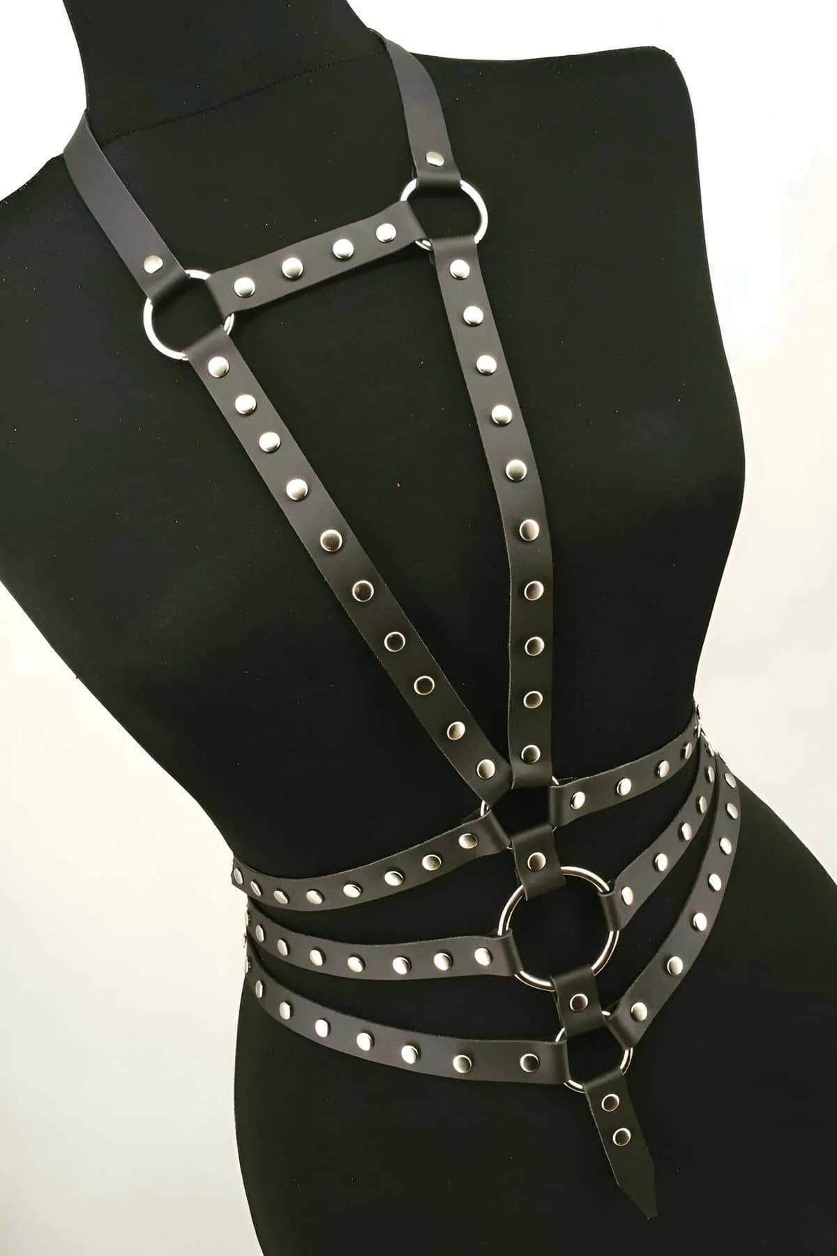 Women's Adjustable Faux Leather Studded Body Harness Top