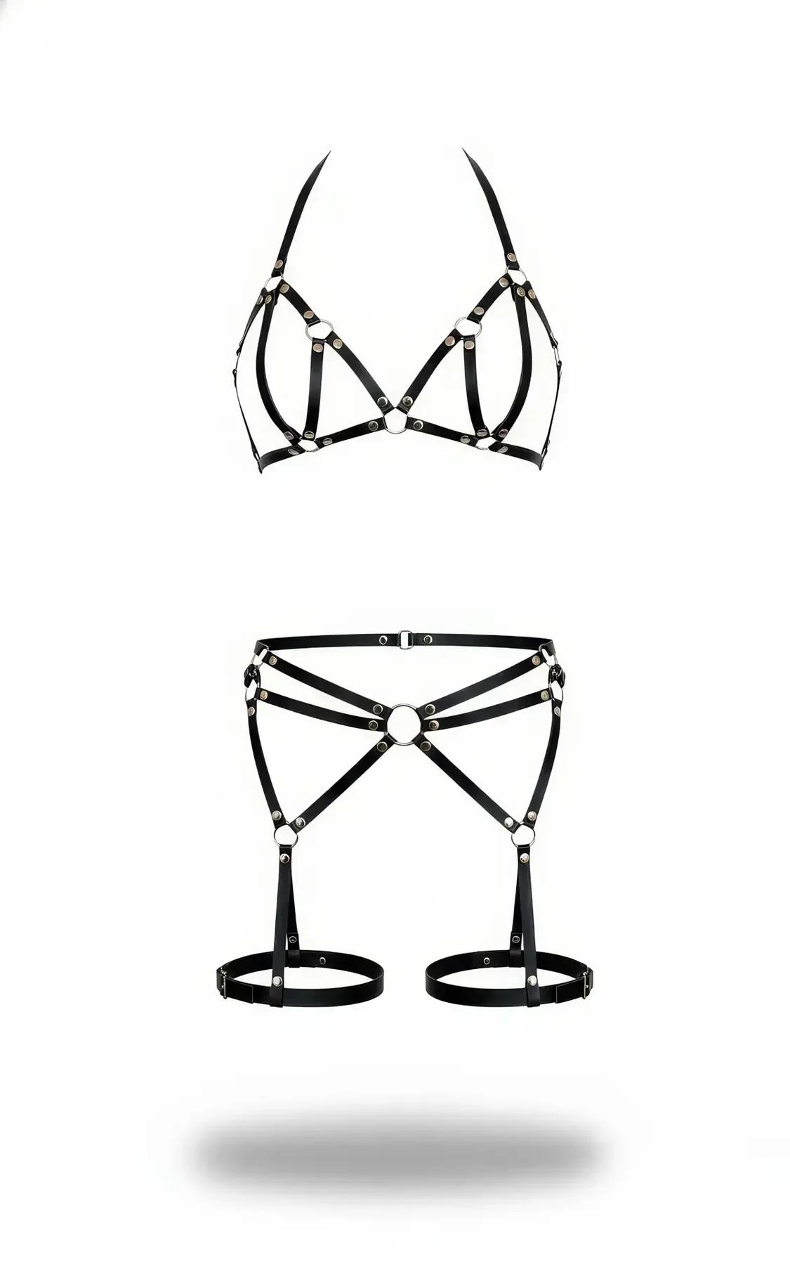 Strappy Faux Leather Harness Bra & Garter Belt Set