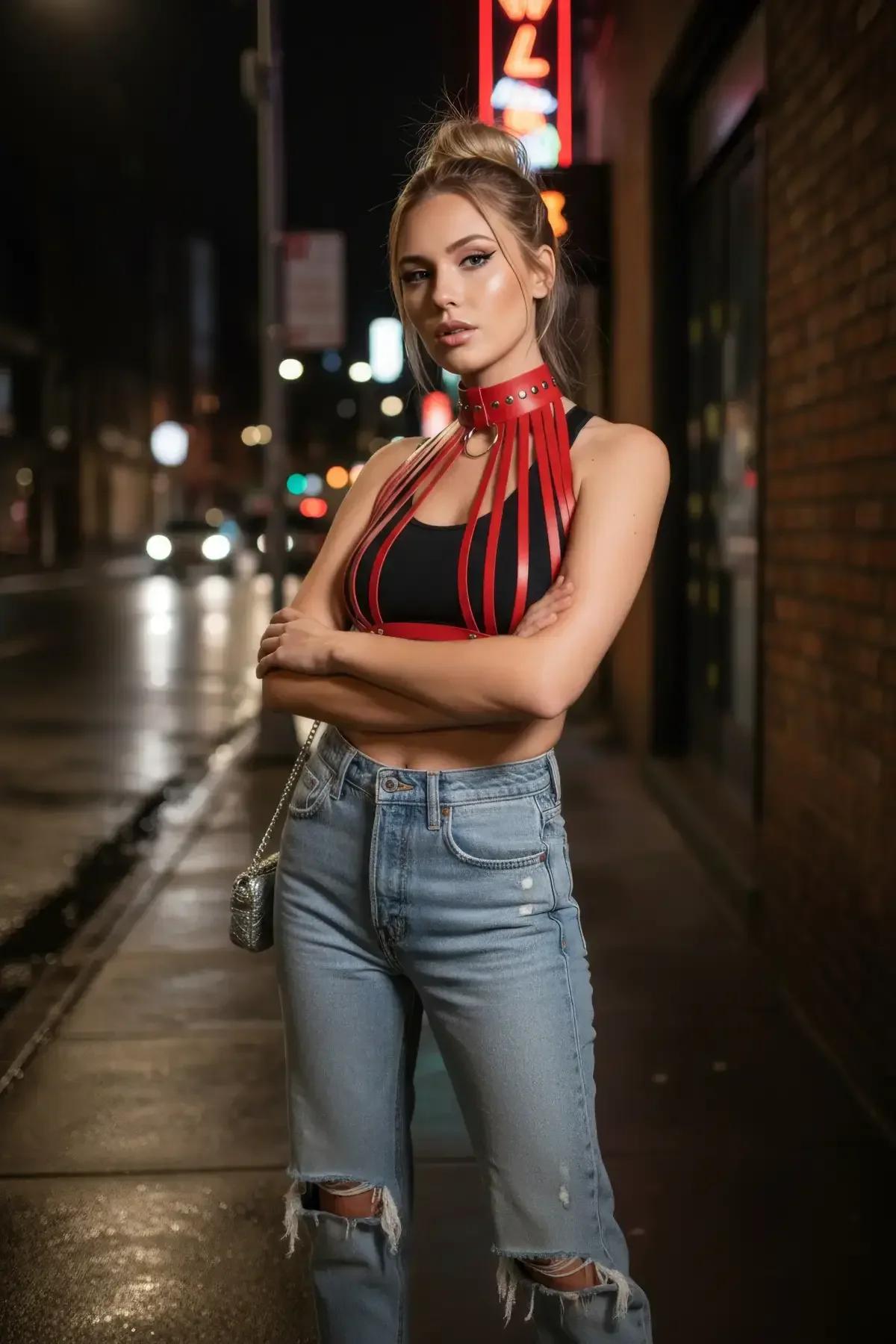 Red Caged Chest Harness with Studded Choker & O-Ring