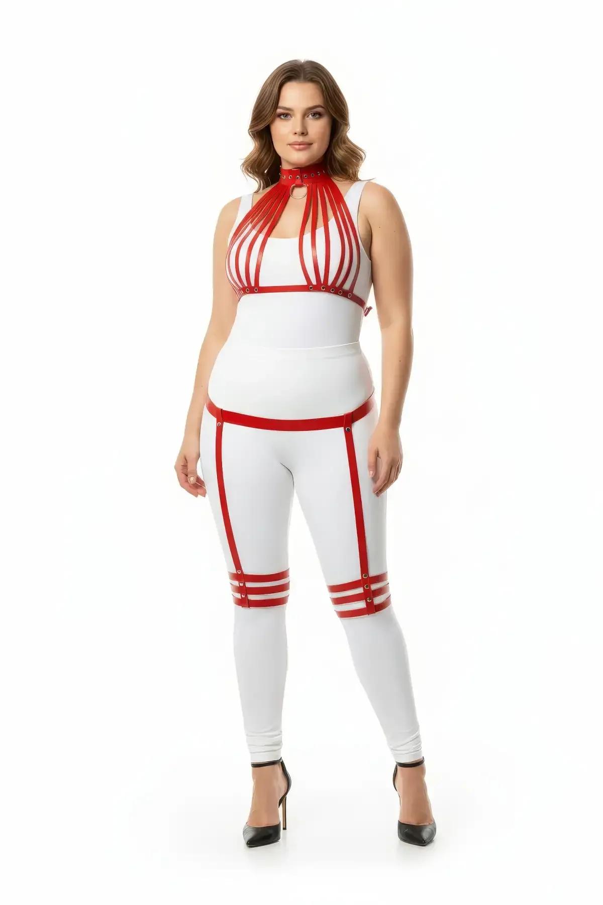 Red Faux Leather Multistrap Harness Set with Garters