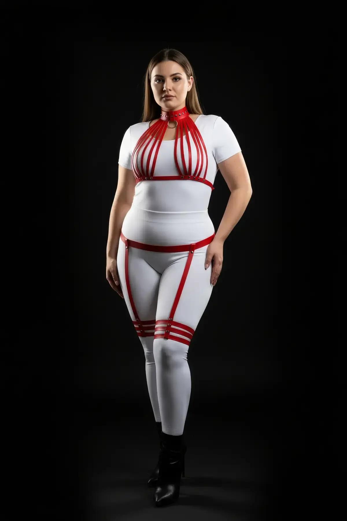 Red Faux Leather Multistrap Harness Set with Garters