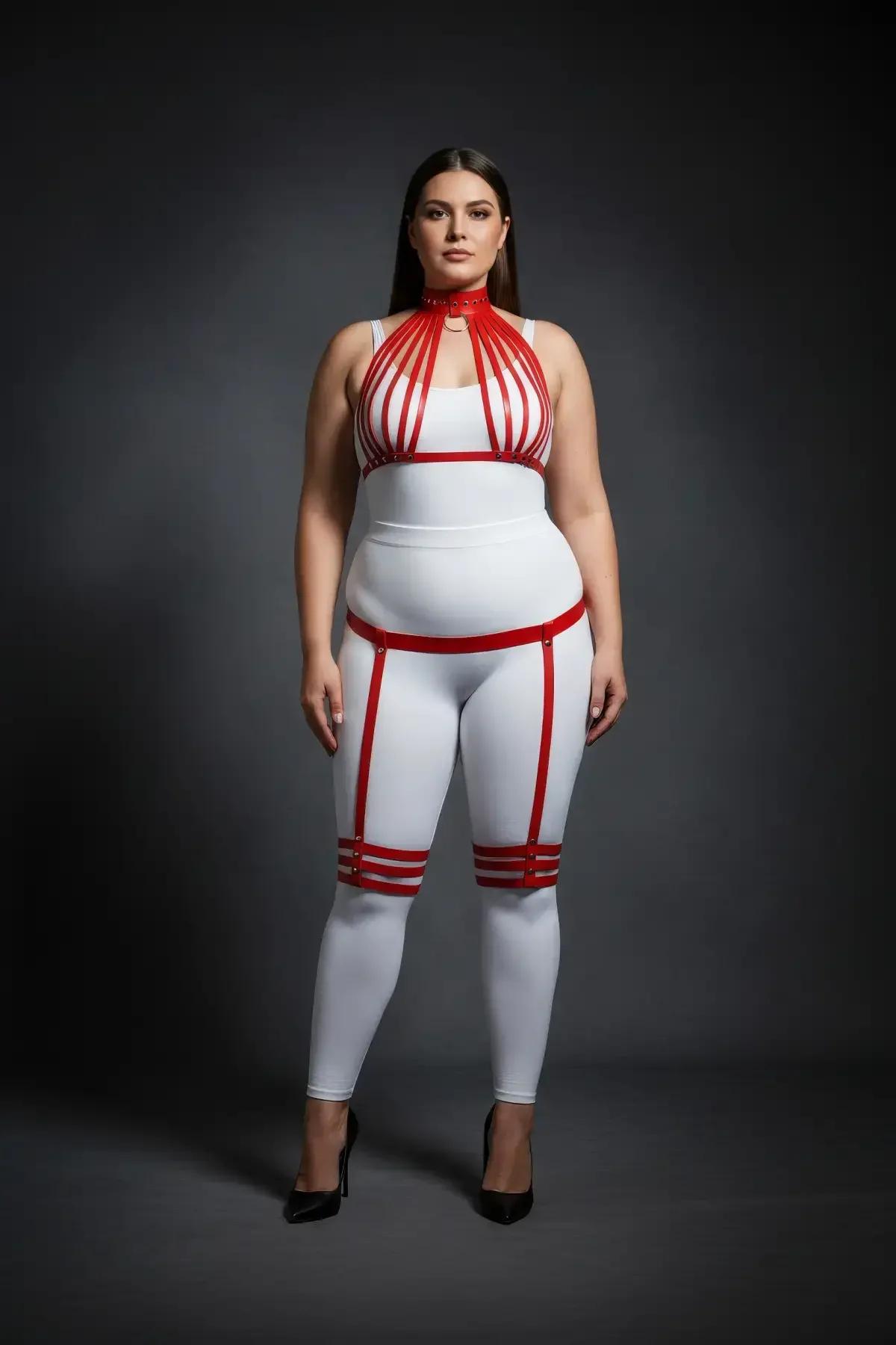 Red Faux Leather Multistrap Harness Set with Garters