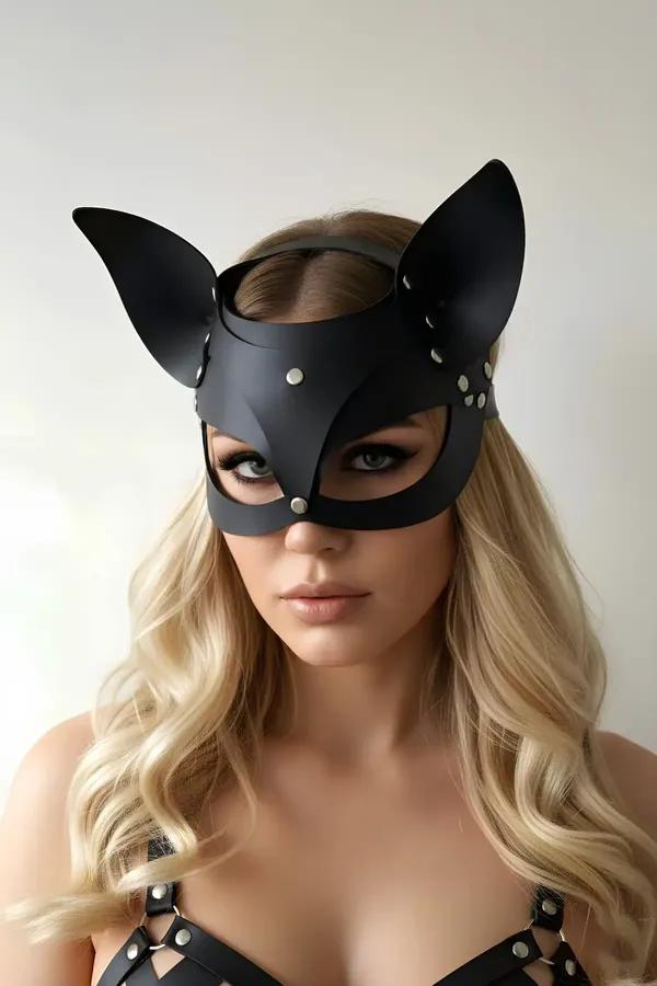 Faux Leather Cat Mask with Studded Ears