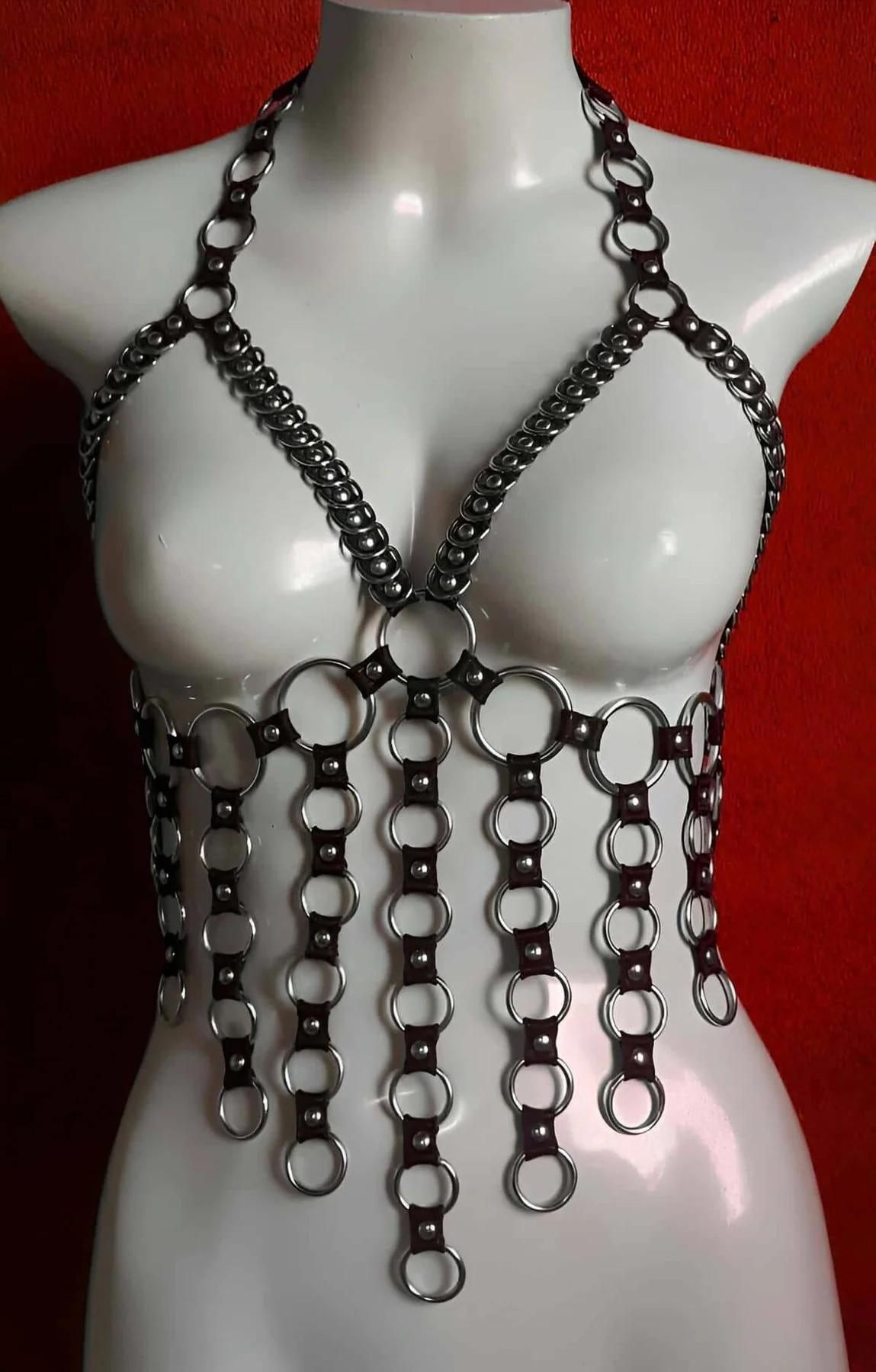 Women's Leather Body Harness with O-Rings - Adjustable Fit