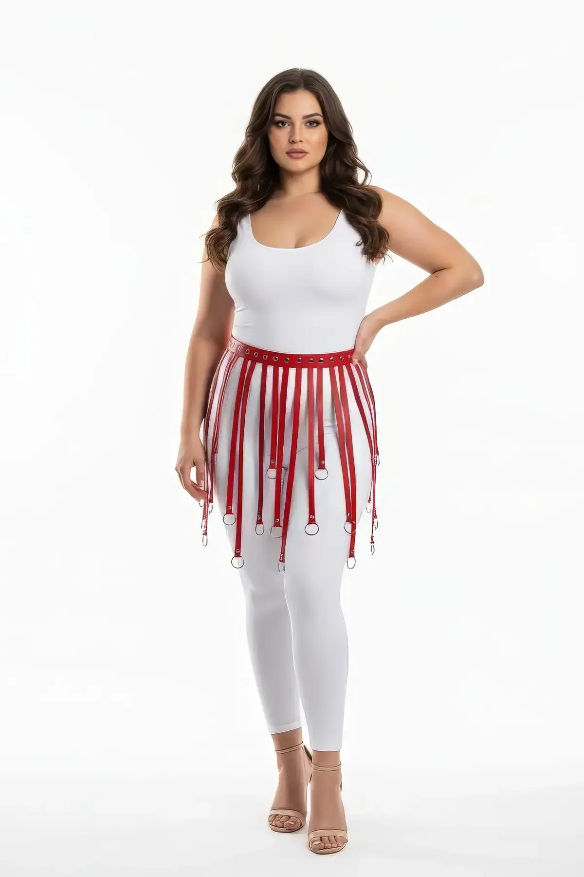 Red Faux Leather Fringe Skirt Harness with O-Ring Details