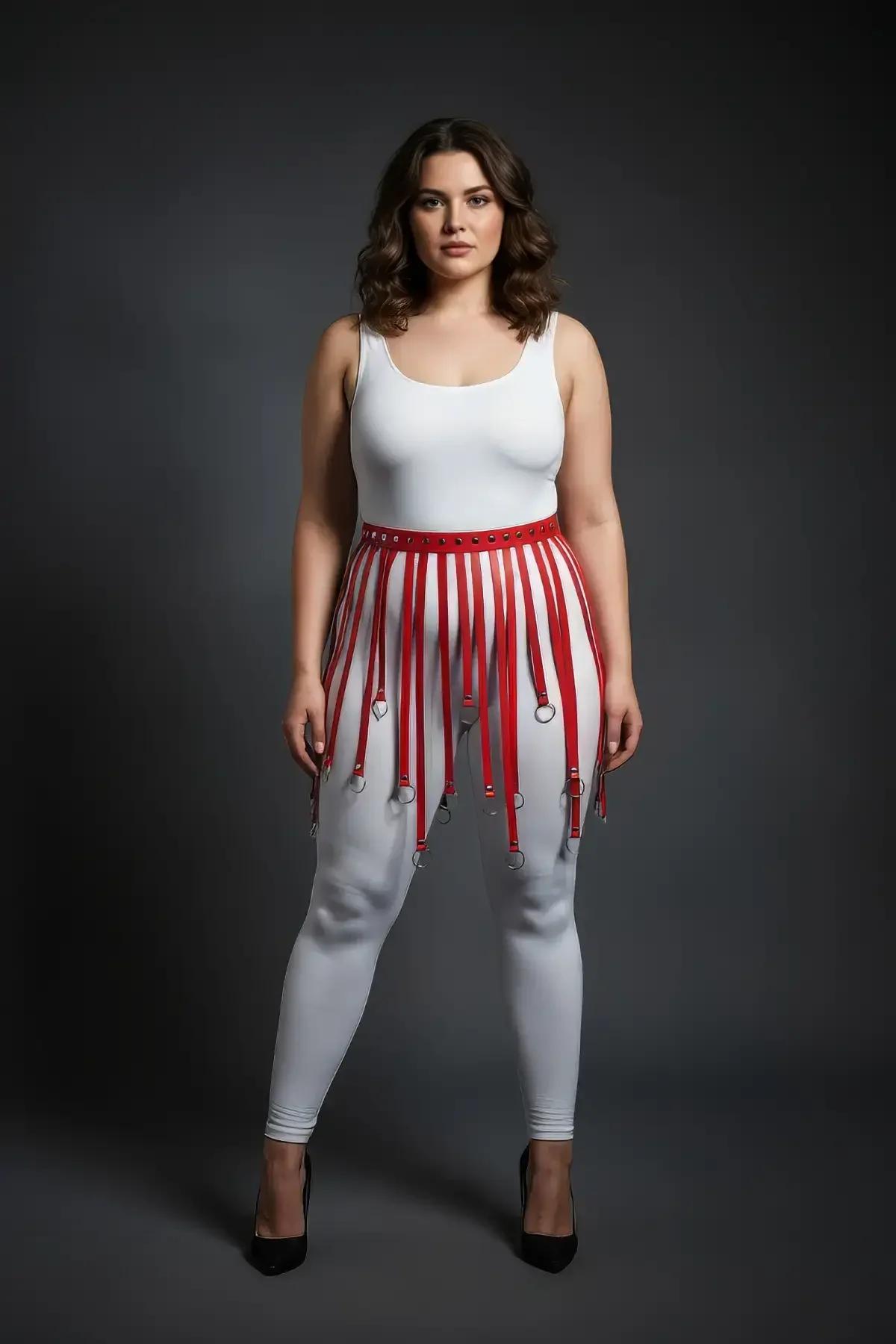 Red Faux Leather Fringe Skirt Harness with O-Ring Details