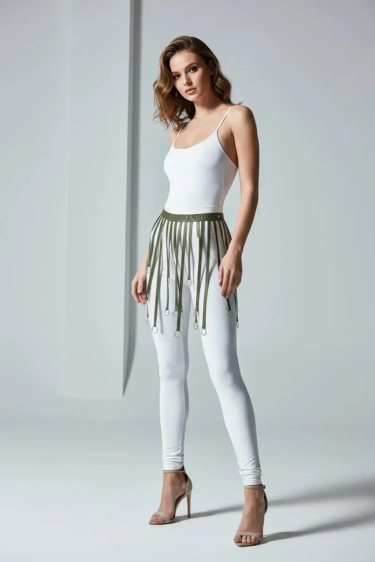 Khaki Fringe Skirt Harness with O-Ring Details
