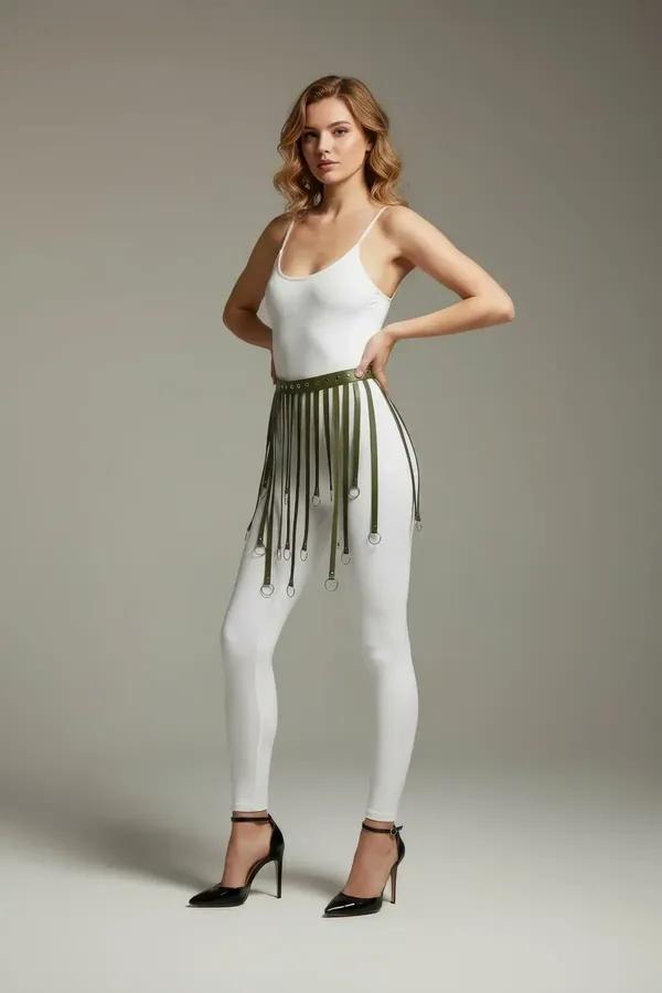 Khaki Fringe Skirt Harness with O-Ring Details