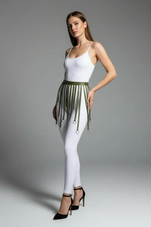 Khaki Fringe Skirt Harness with O-Ring Details
