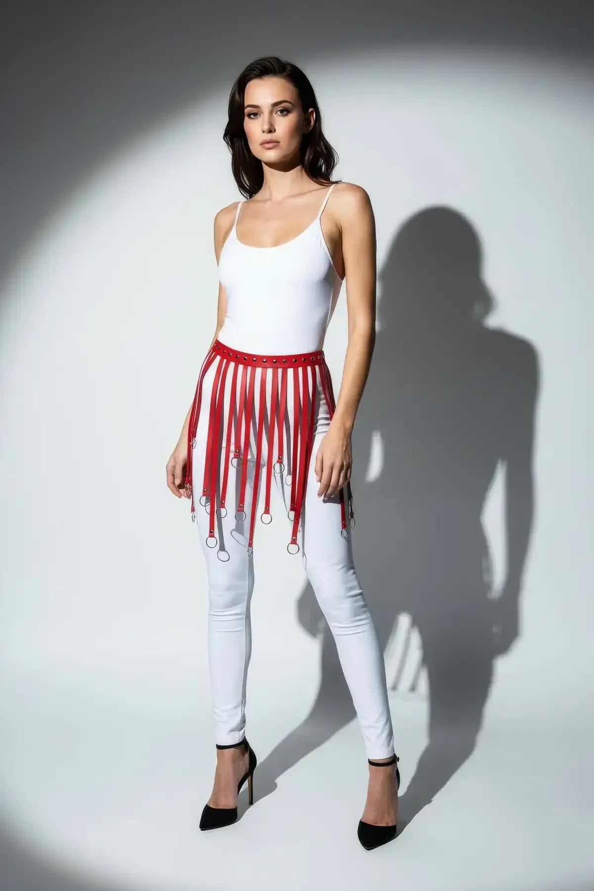 Red Faux Leather Waist Harness with O-Ring Fringe