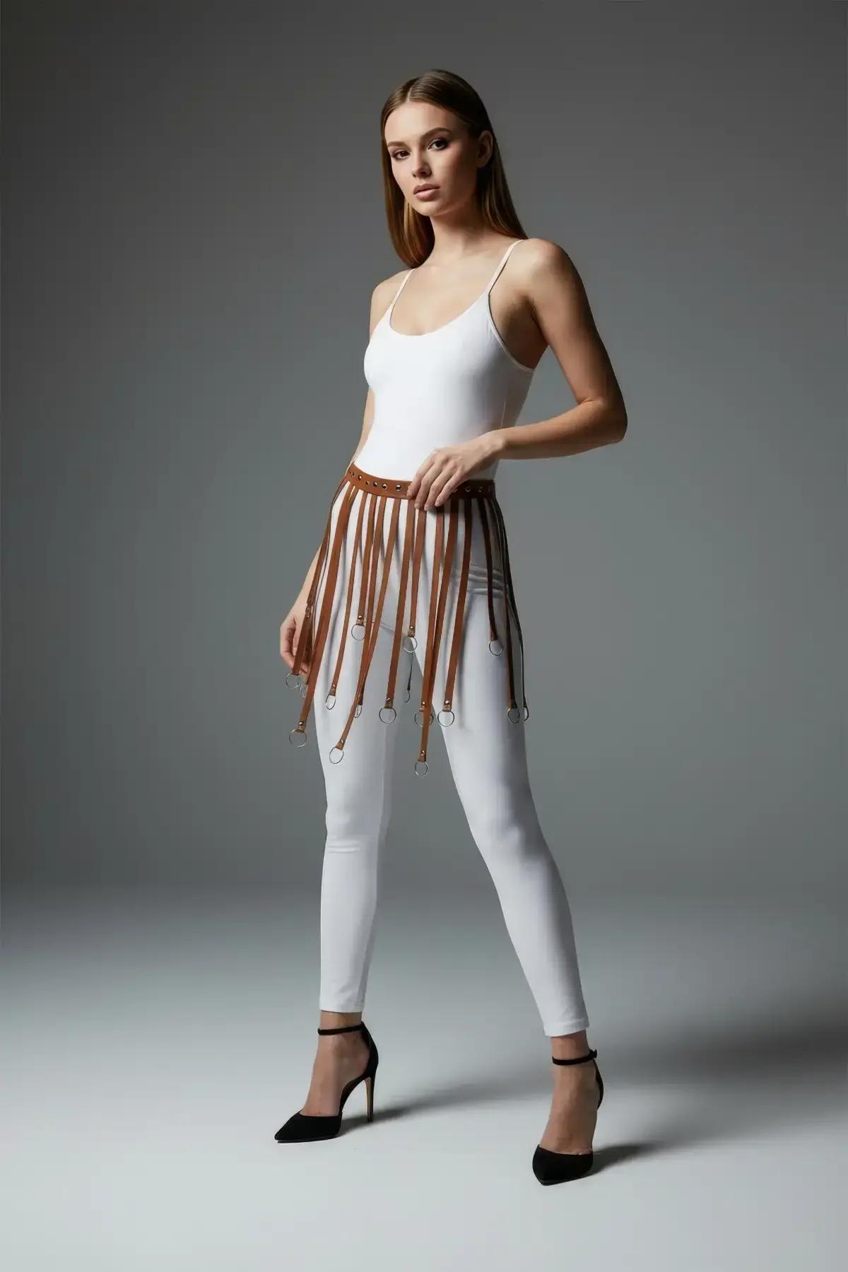 Faux Leather Waist Harness with Draping Chains