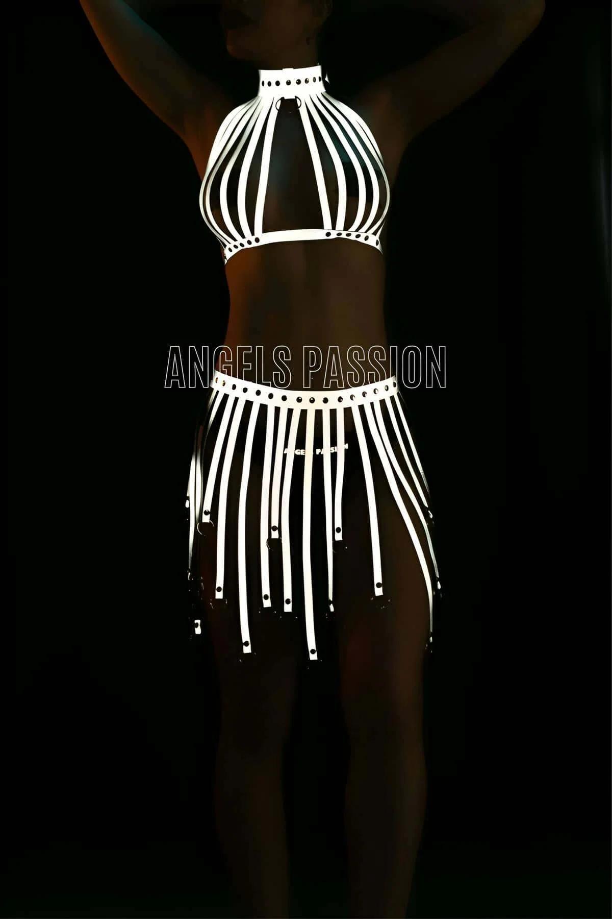 Reflective Festival Outfit Set - Harness Top & Skirt