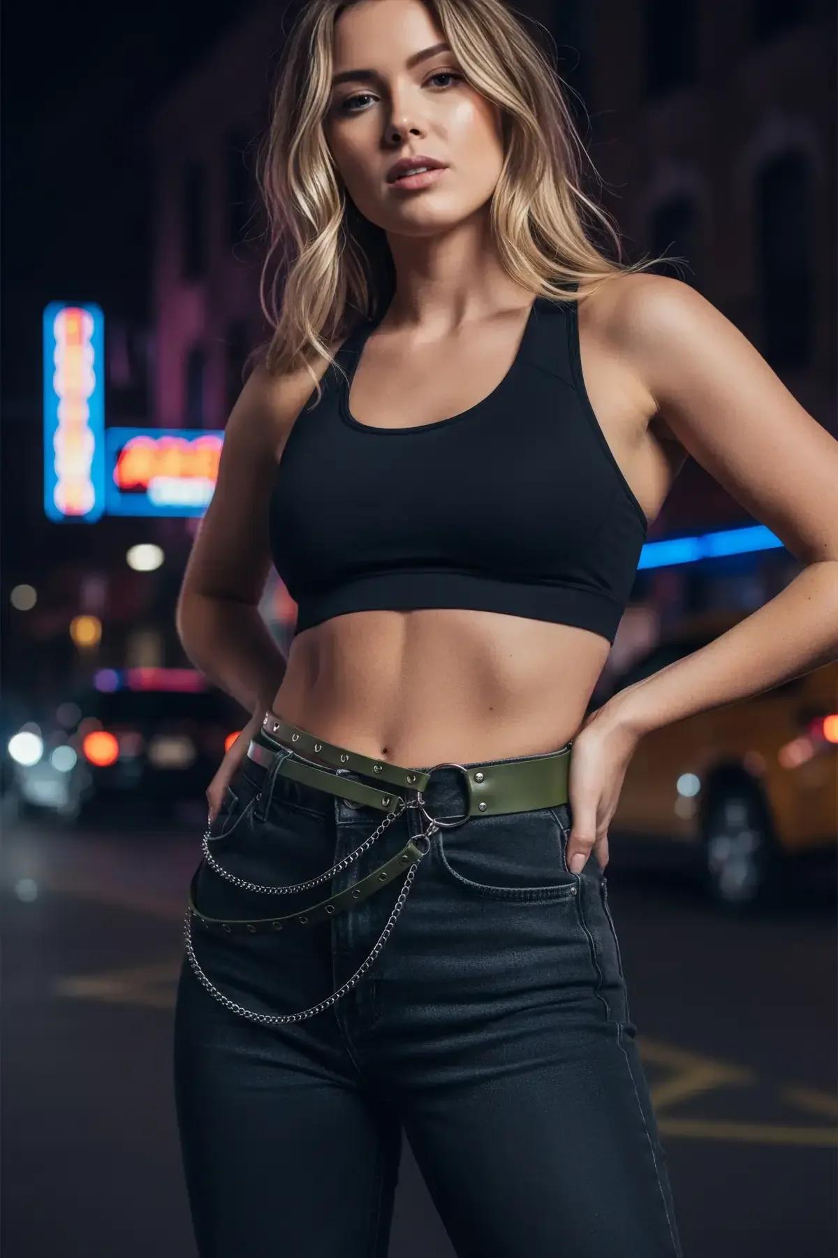 Khaki Waist Belt with O-Ring Buckle & Detachable Chains