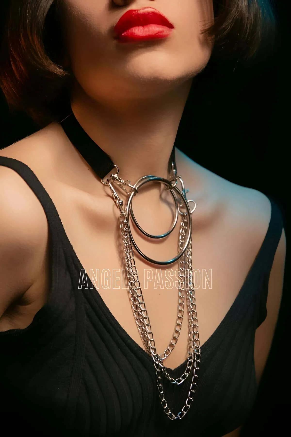 Layered O-Ring Harness Choker with Multiple Chains