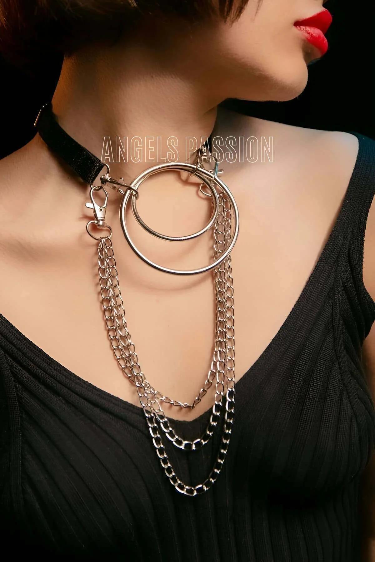 Layered O-Ring Harness Choker with Multiple Chains