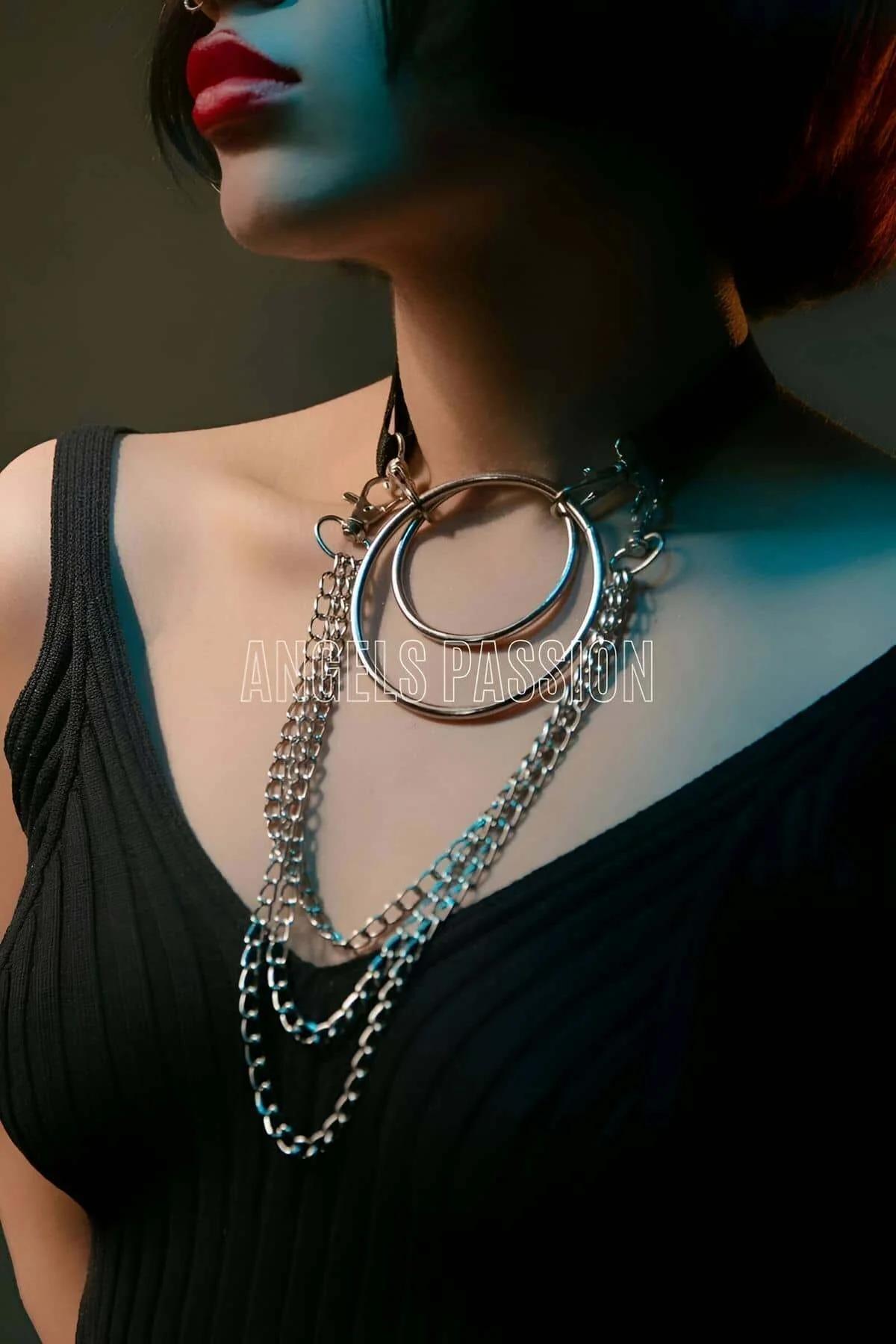 Layered O-Ring Harness Choker with Multiple Chains