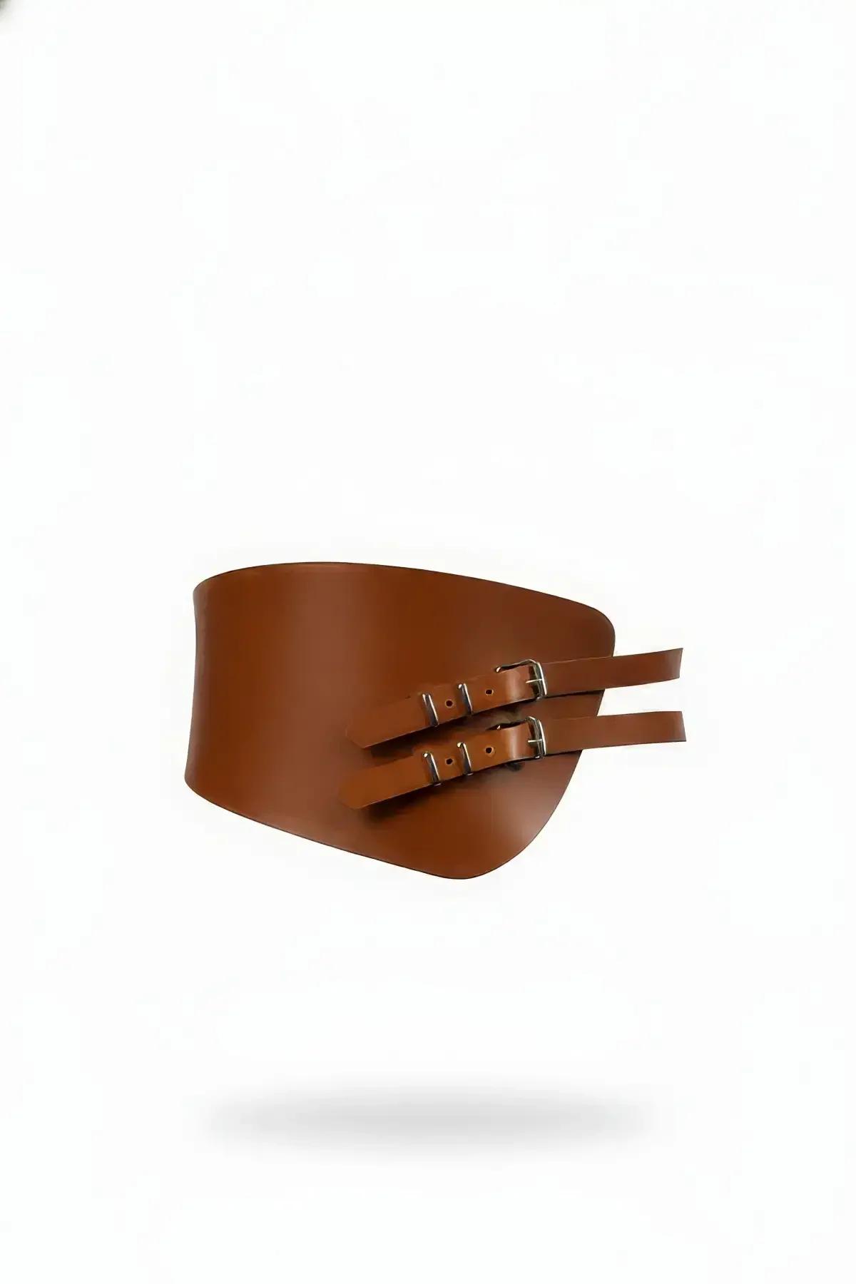 Tan Corset Waist Cinch Belt with Double Buckle Detail