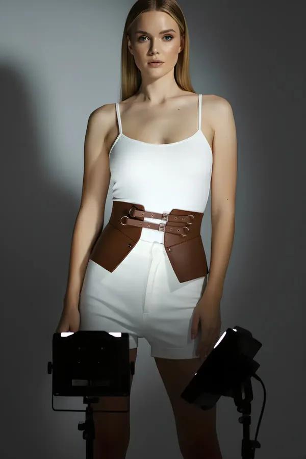Faux Leather Waspie Waist Harness with Double Buckles