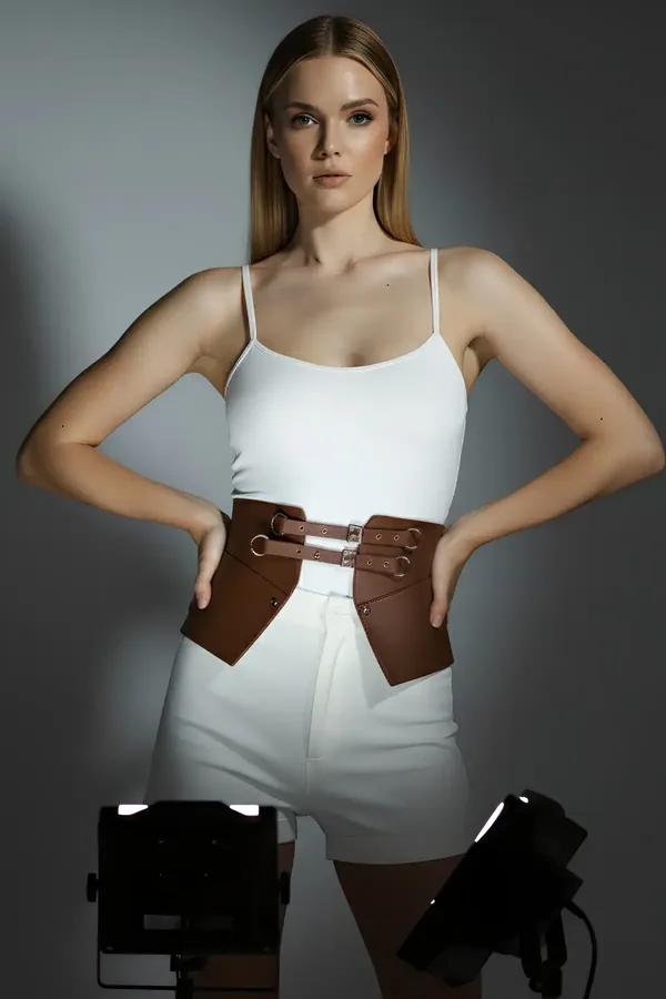 Faux Leather Waspie Waist Harness with Double Buckles