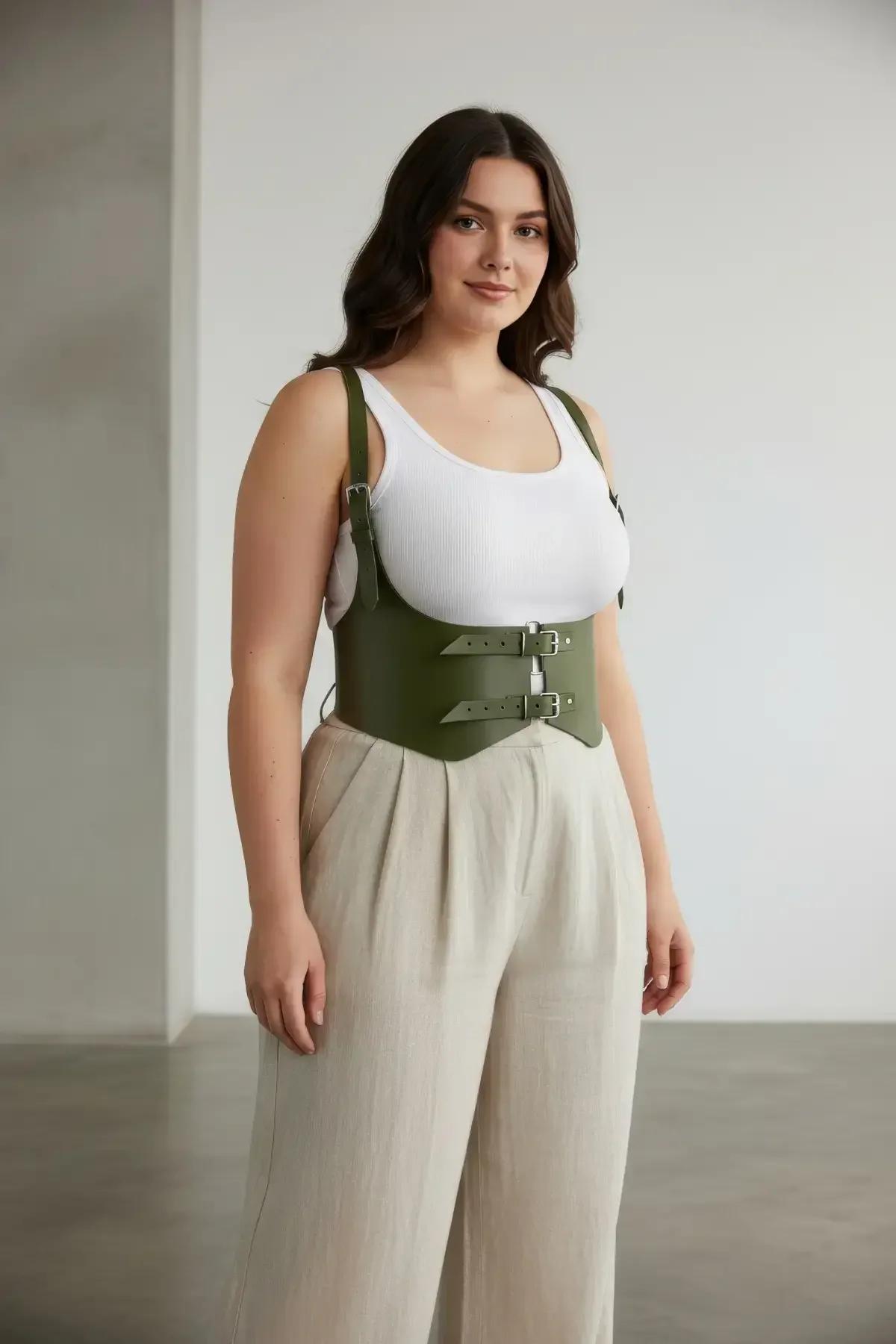 Olive Faux Leather Waist Harness with Adjustable Buckles