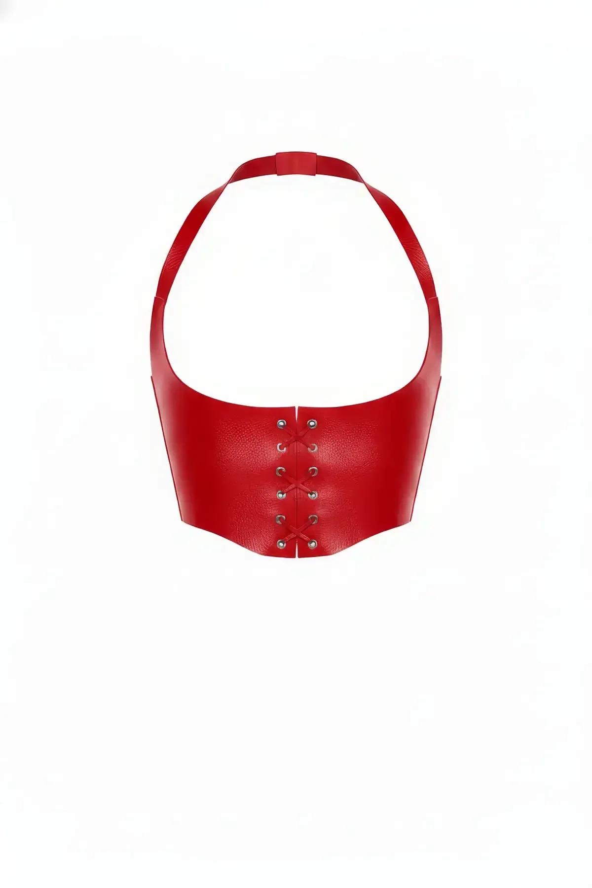 Red Faux Leather Halter Neck Corset Top