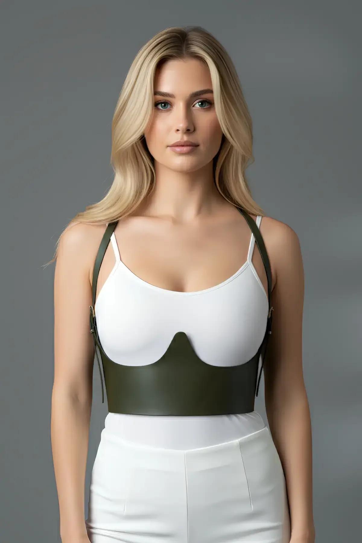 Olive Vegan Leather Underbust Harness Bustier