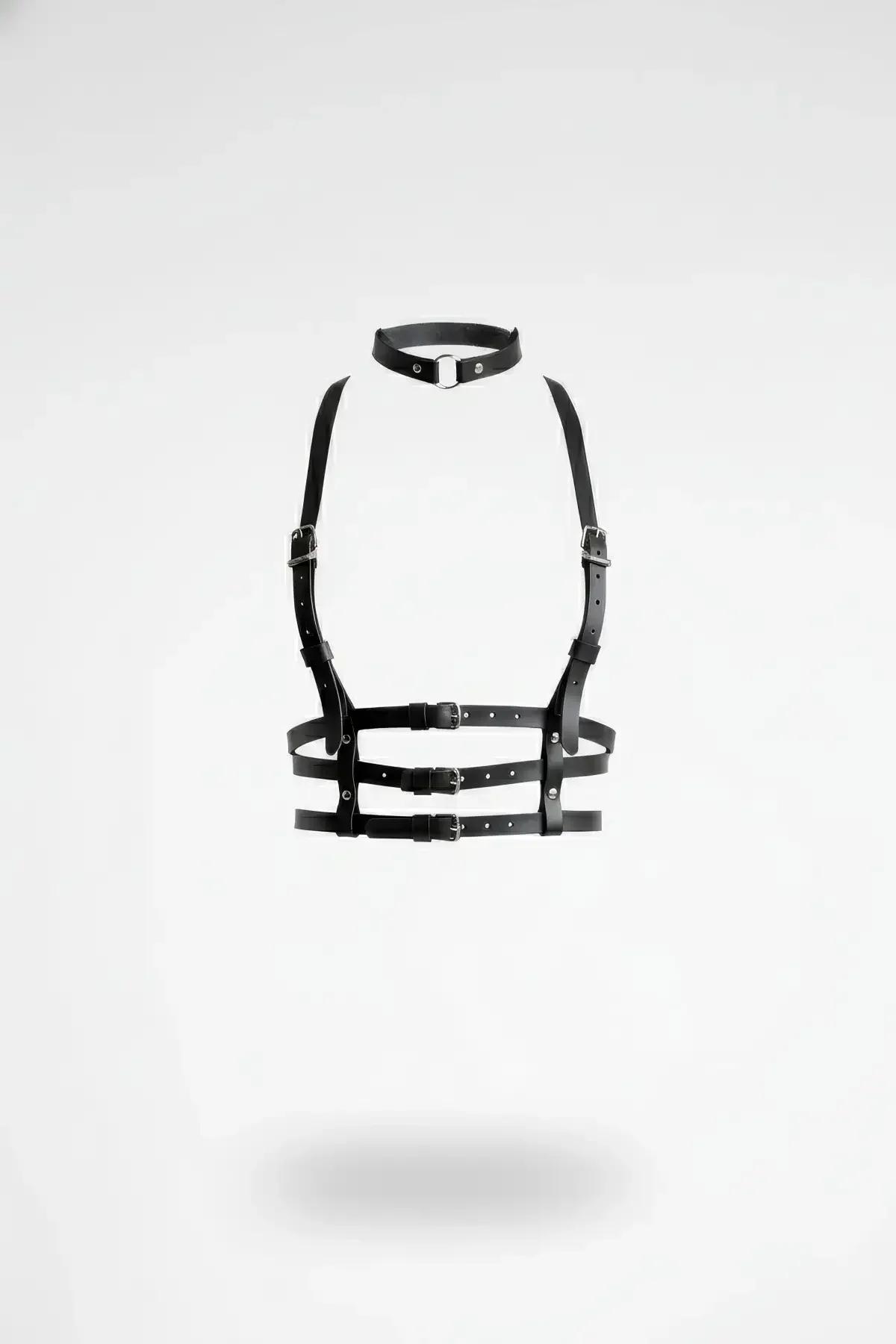 Faux Leather Body Harness with Choker and Buckle Straps