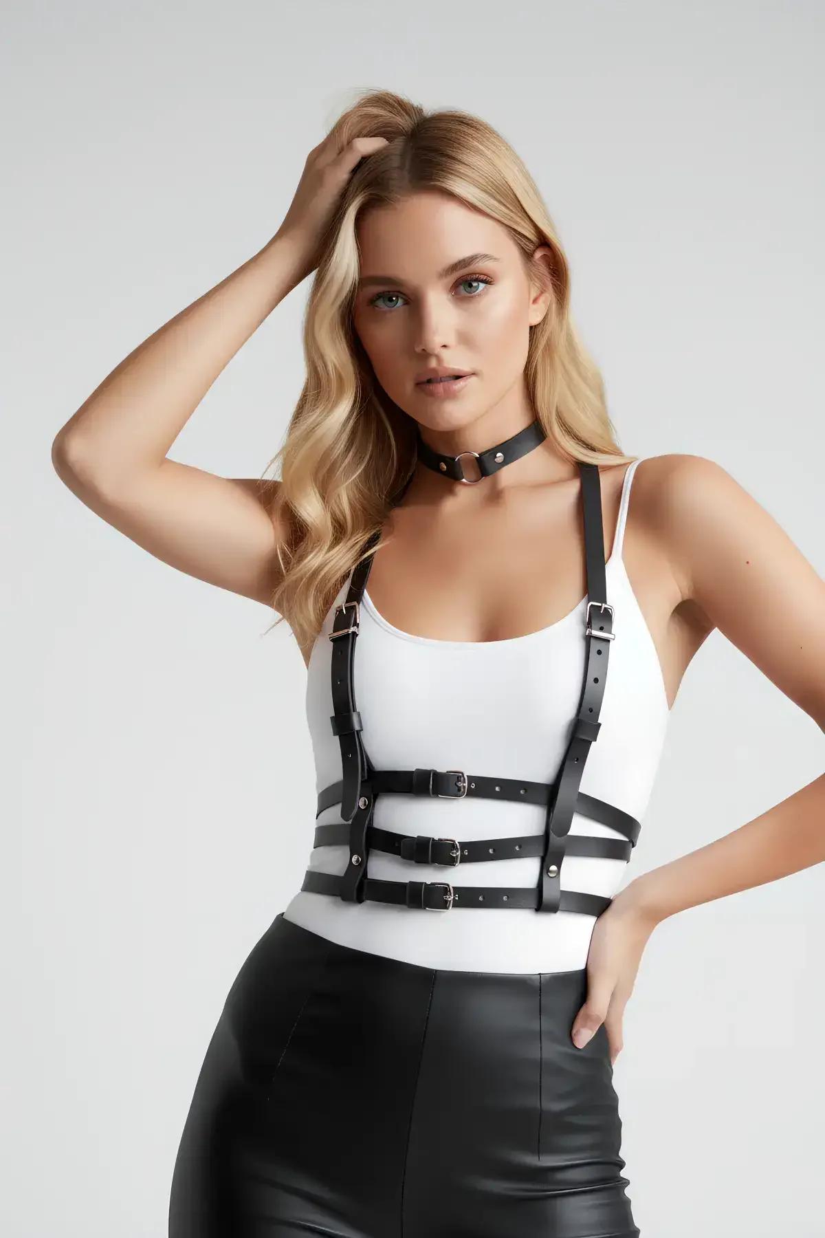 Women's Leather Body Harness & Choker Set Adjustable Style