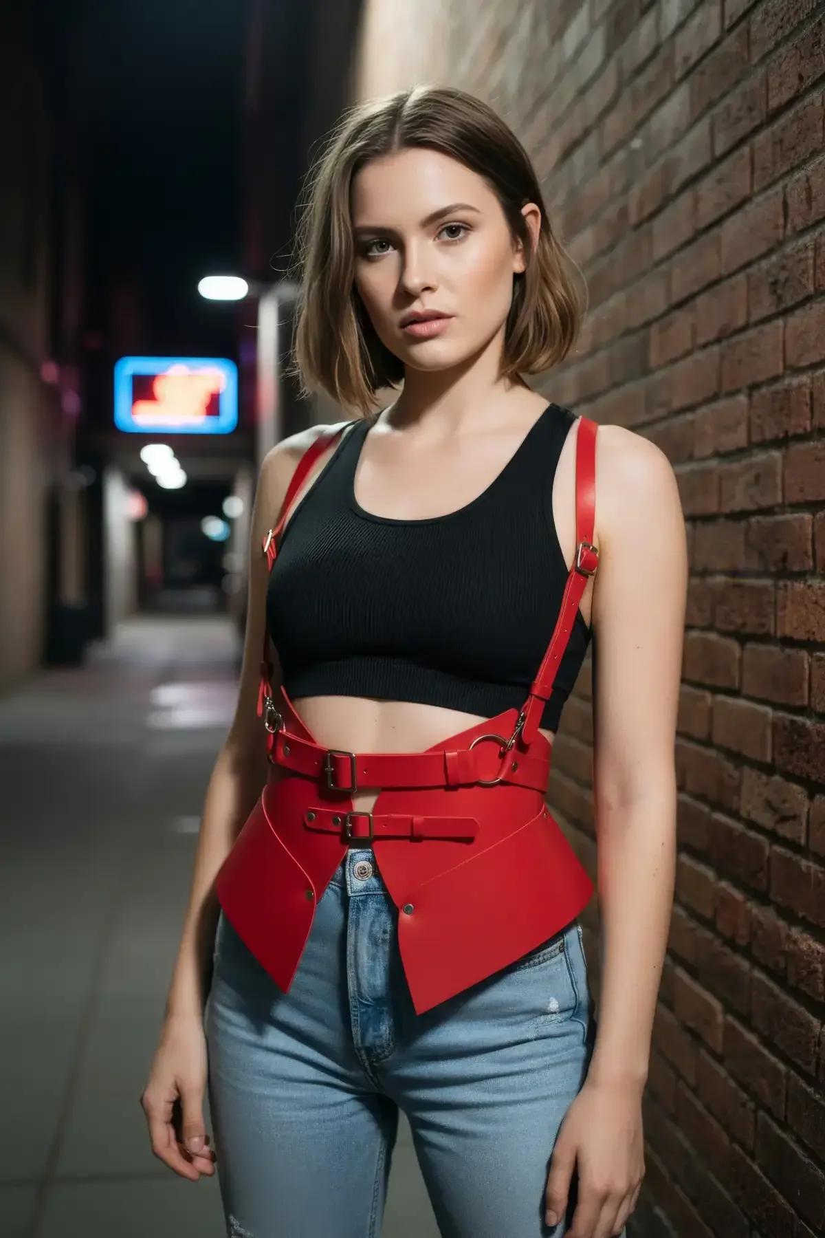 Red Faux Leather Underbust Waist Harness with Buckles
