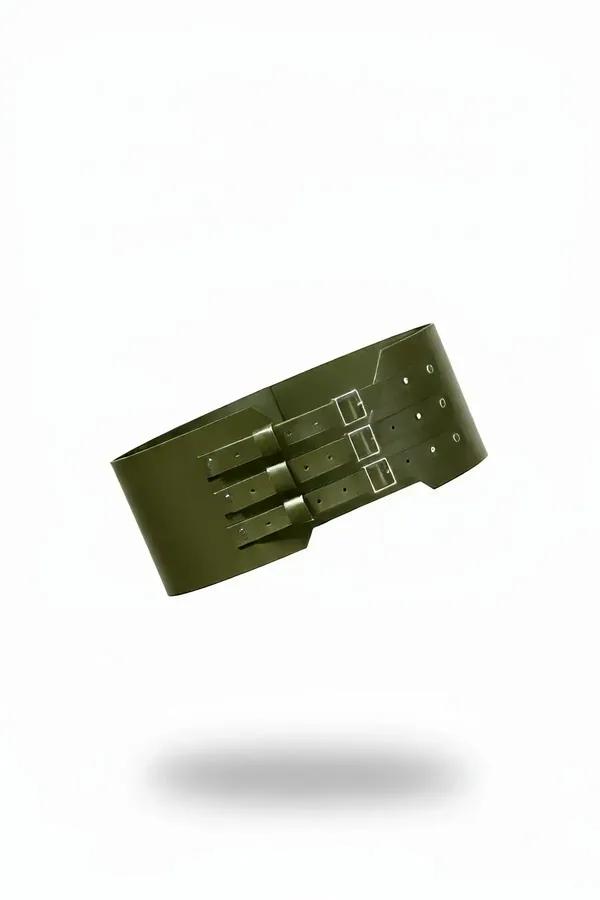 Wide Faux Leather Corset Belt with Triple Buckles