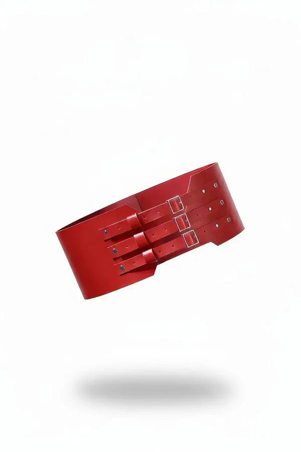 Red Triple Buckle Faux Leather Corset Belt
