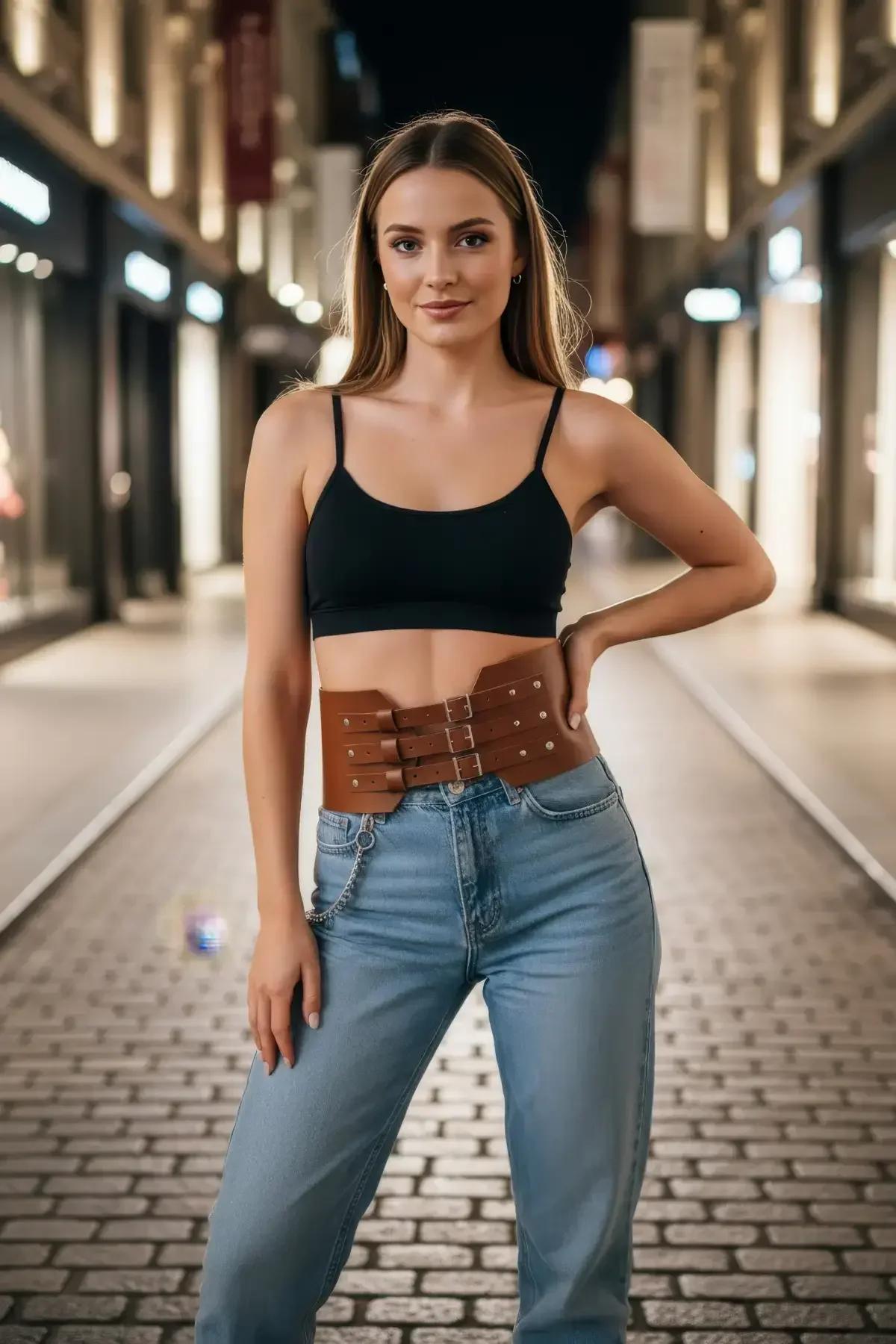 Tan Triple Buckle Waspie Waist Belt