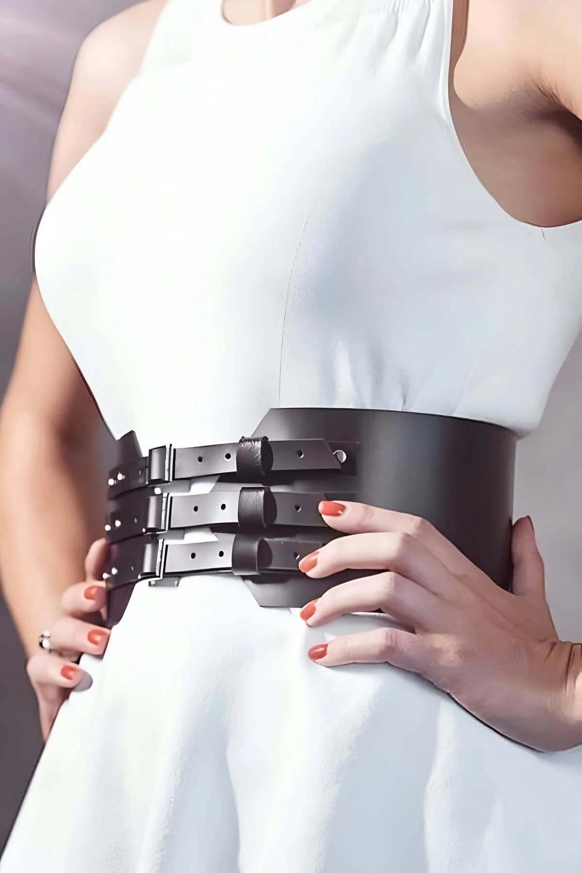 Womens Wide Leather Belt - Adjustable Triple-Buckle Corset Style
