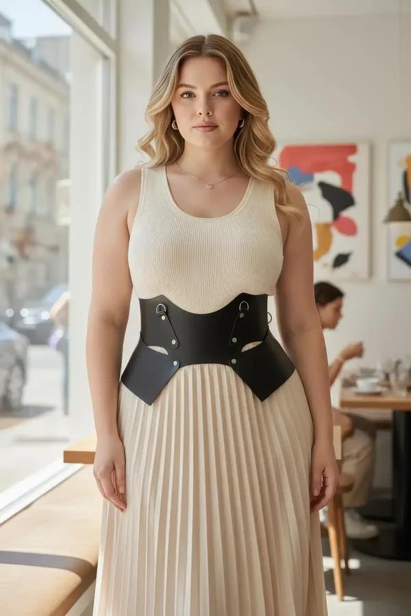 ខ្សែក្រវ៉ាត់ Corset ស្បែក ខ្មៅ ម៉ូដ កែប ជាមួយ កង D-ring និង កូន ដែក Rivets ពណ៌ ប្រាក់ លម្អ លើ រ៉ូប វែង ពណ៌ ក្រែម