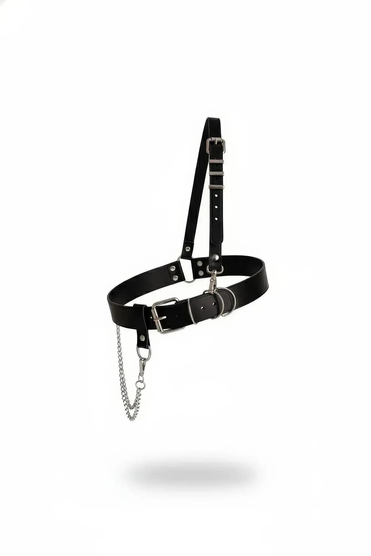 Black Faux Leather Waist Harness with Single Shoulder Strap
