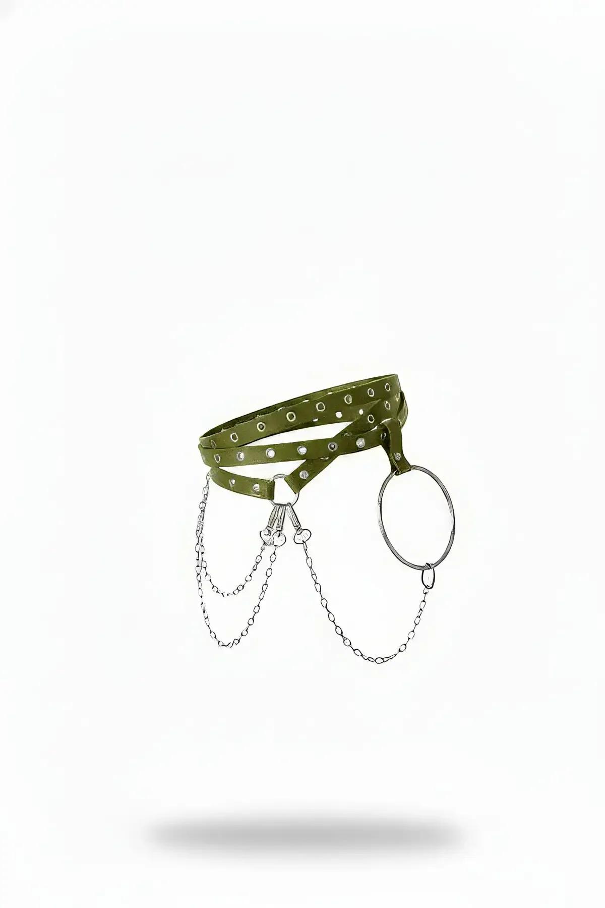 Grommeted Faux Leather Waist Harness with Draped Chains