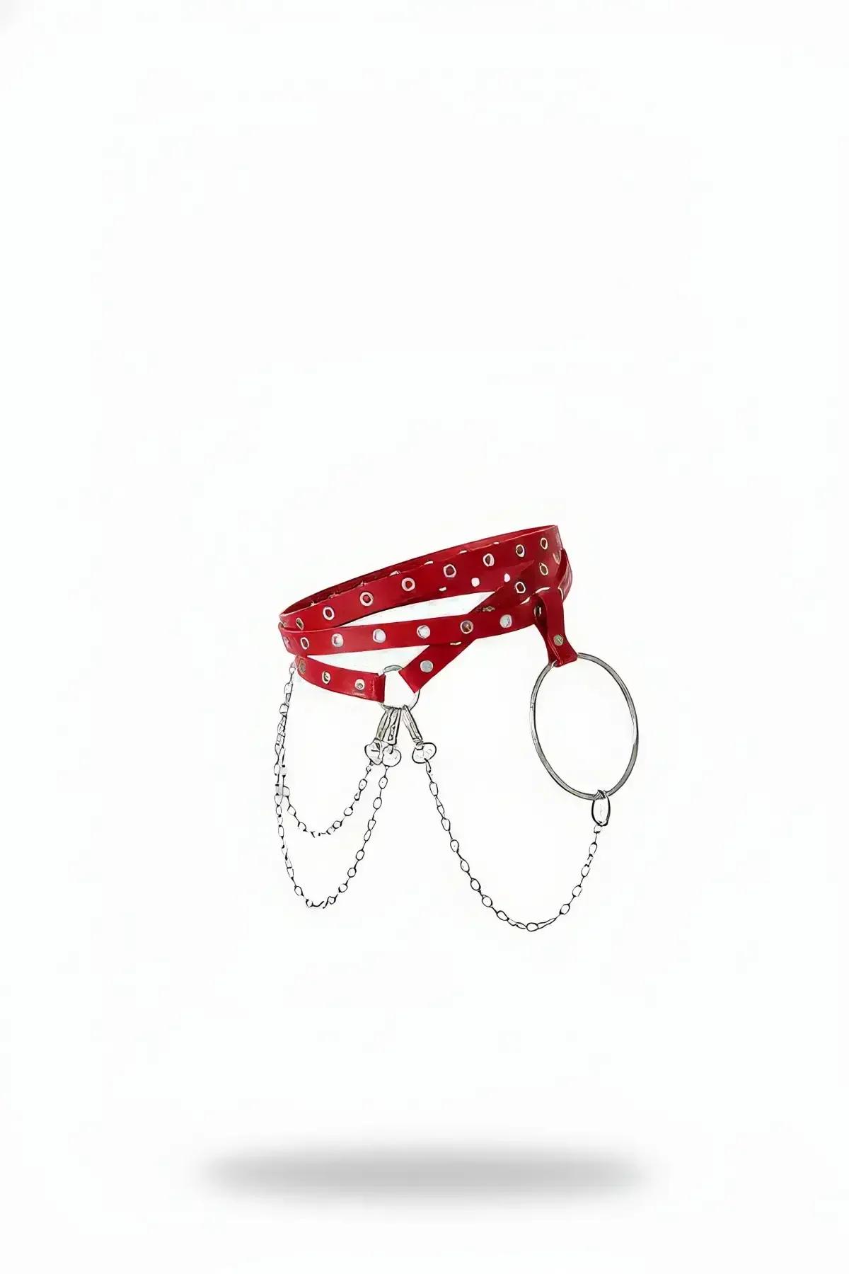 Red Vegan Leather Waist Harness with O-Ring and Chains