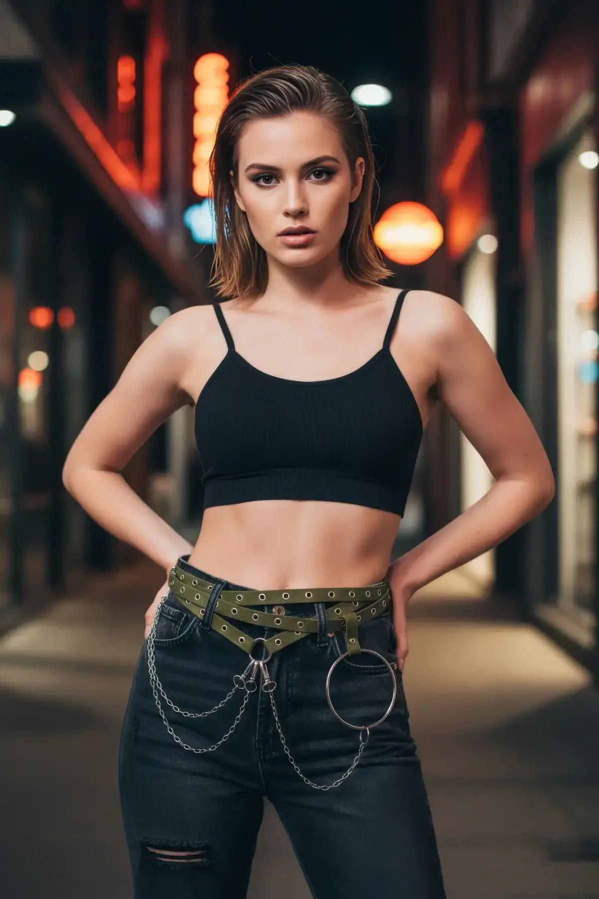 Khaki Grommeted Waist Harness Belt with Chain Detail