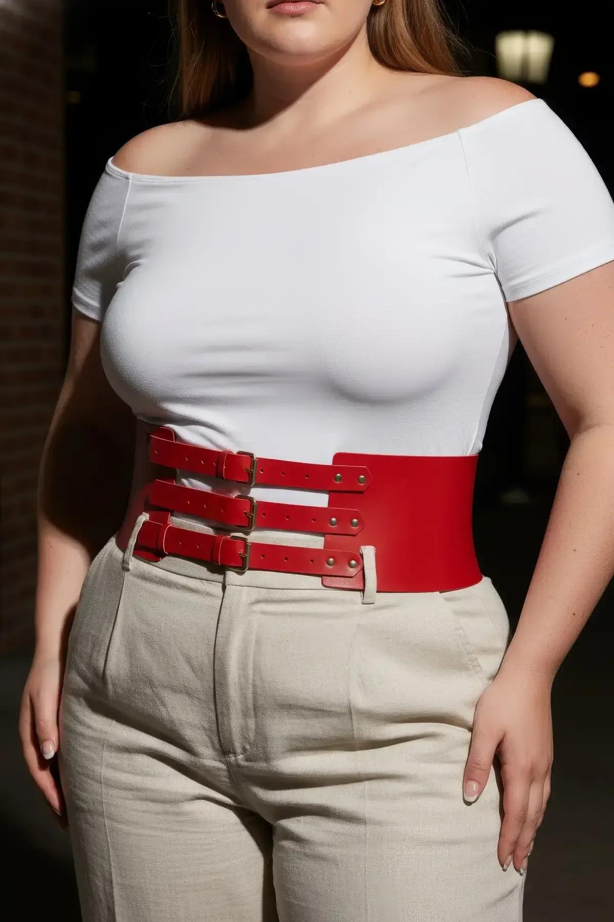 ខ្សែក្រវ៉ាត់ corset ស្បែក ពណ៌ ក្រហម ពាក់ លើ រ៉ូប ប៉ាក់ ផ្កា បង្ហាញ រាង ចង្កេះ នាឡិកាខ្សាច់ យ៉ាង ទាក់ទាញ
