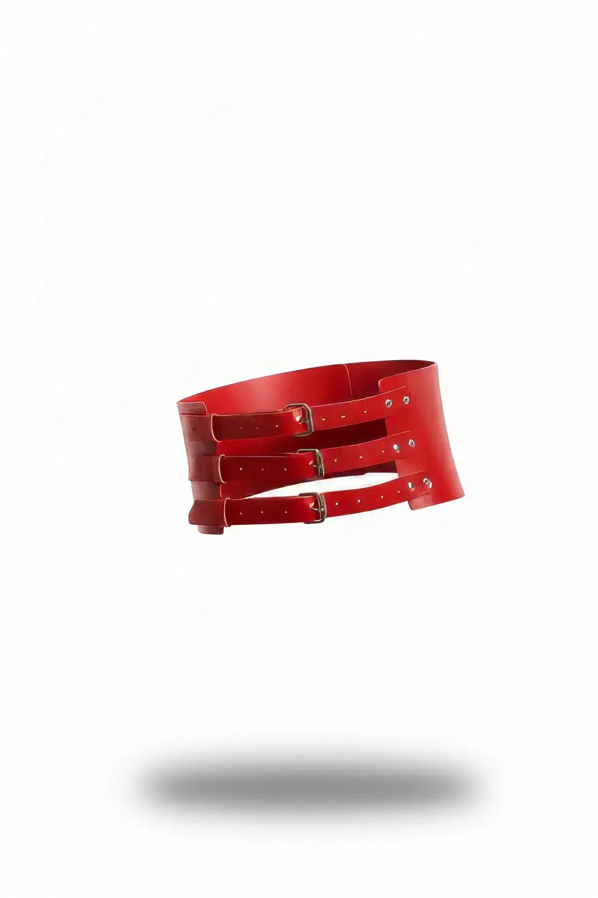 Red Wide Faux Leather Waist Harness with Triple Buckles