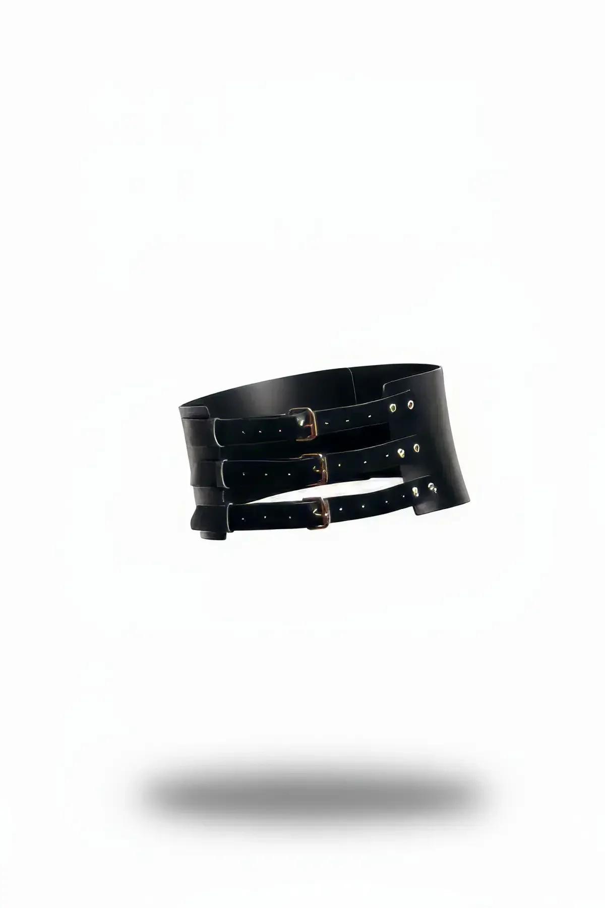 Faux Leather Waspie Belt with Triple Buckle Closure