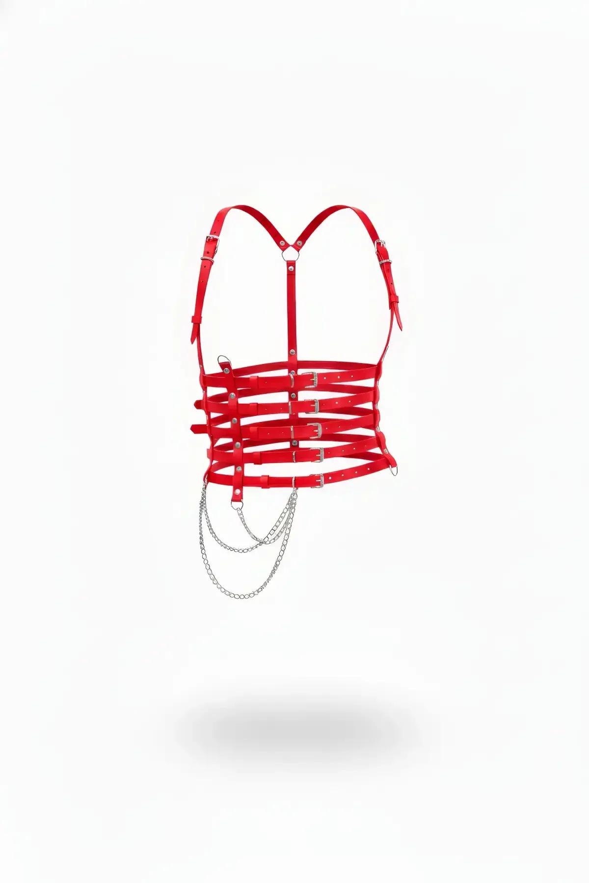 Red Faux Leather Chest Harness with Adjustable Straps & Chain