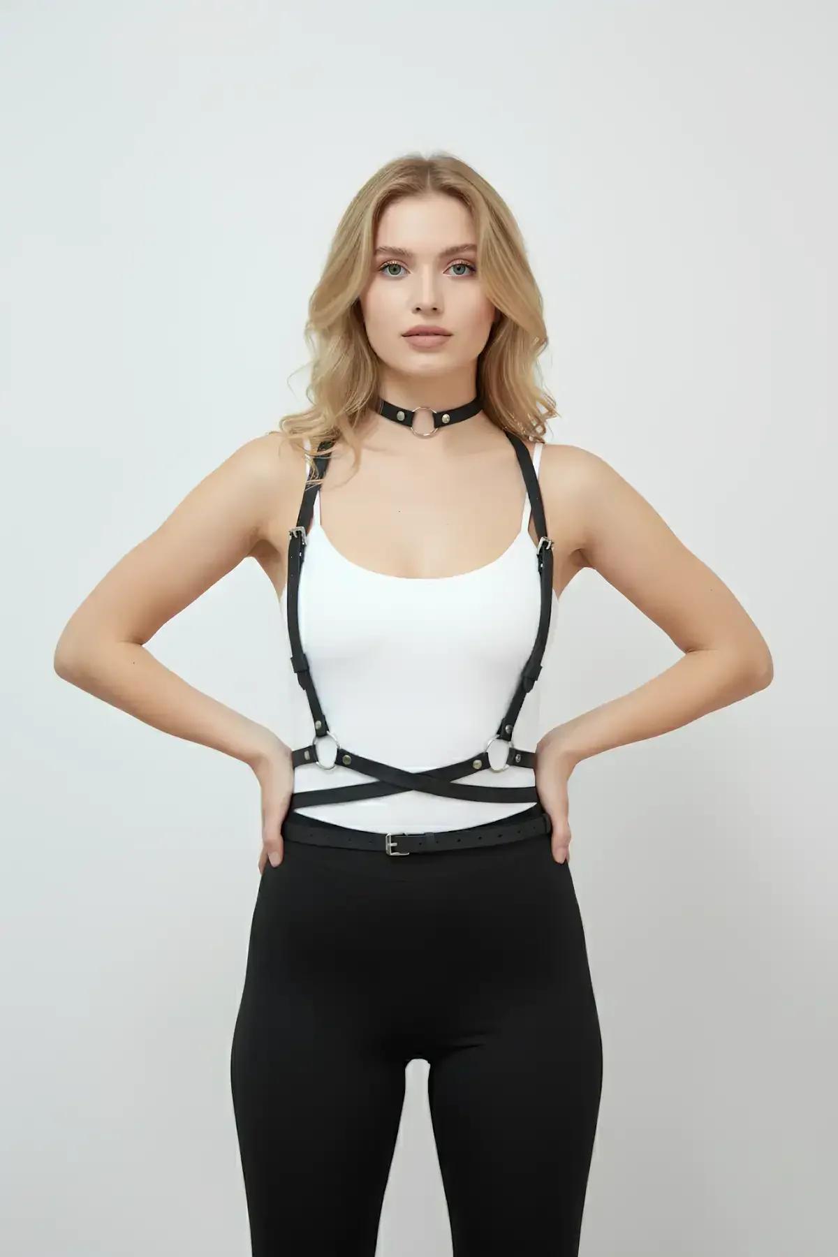 Adjustable Leather Harness Belt and Choker Set for Women
