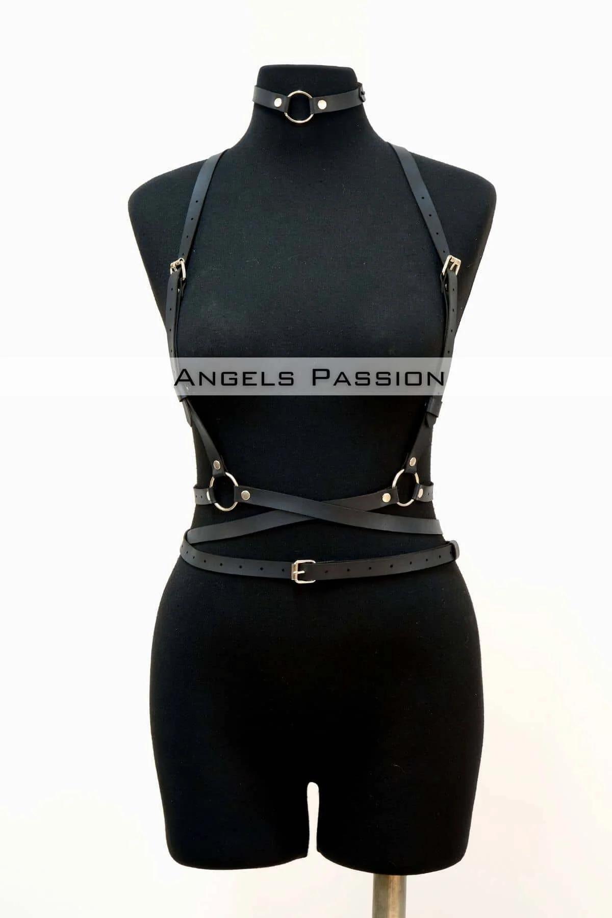 Adjustable Leather Harness Belt and Choker Set for Women