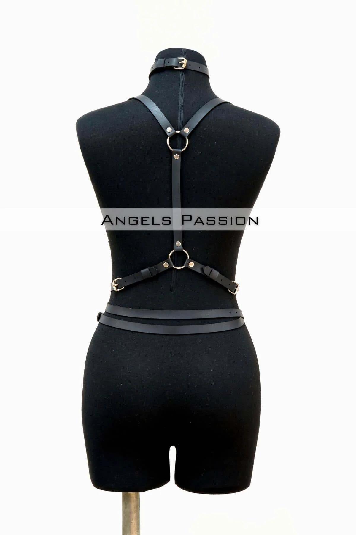 Adjustable Leather Harness Belt and Choker Set for Women