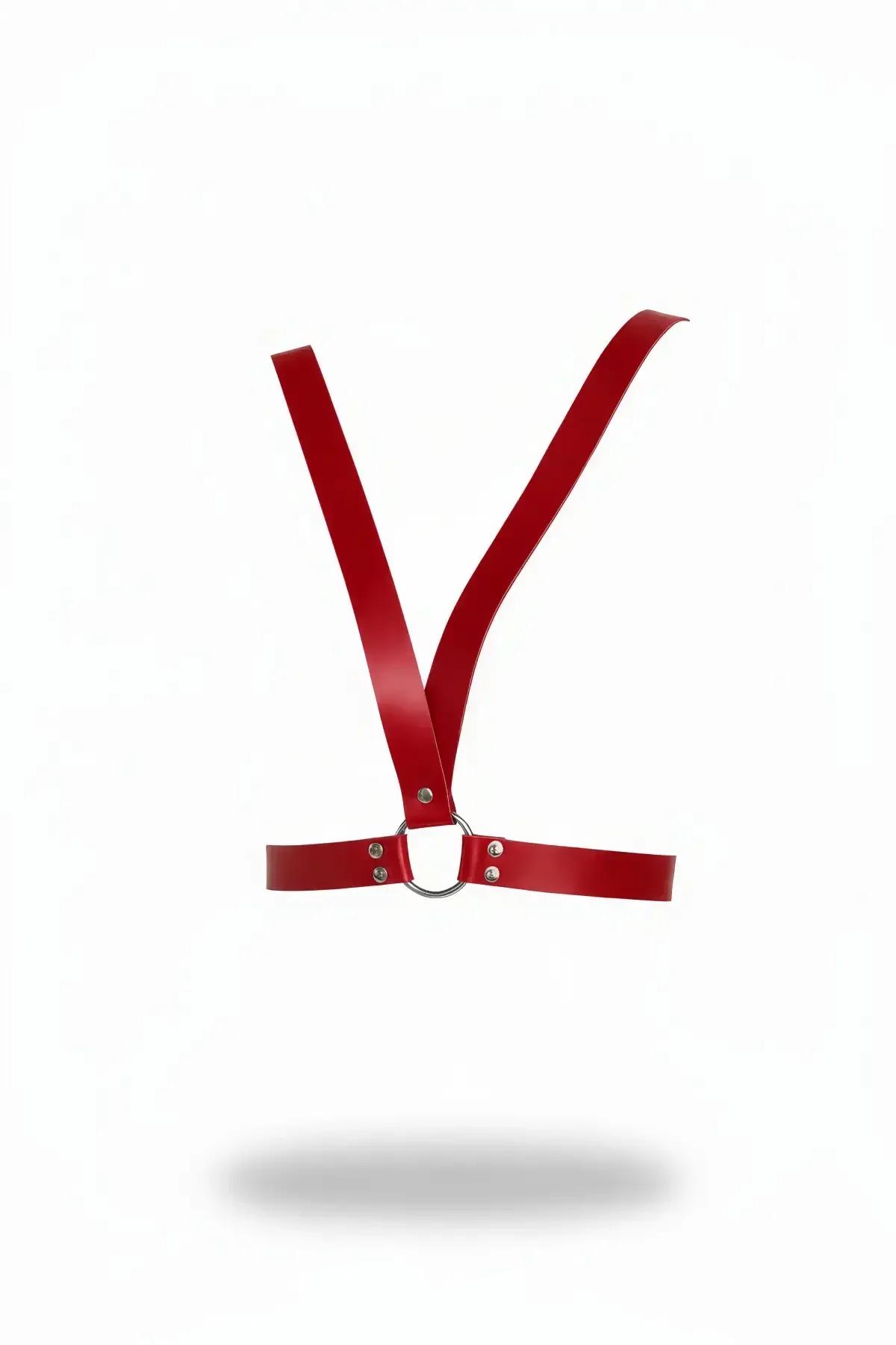 Minimalist Red Faux Leather Chest Harness with O-Ring