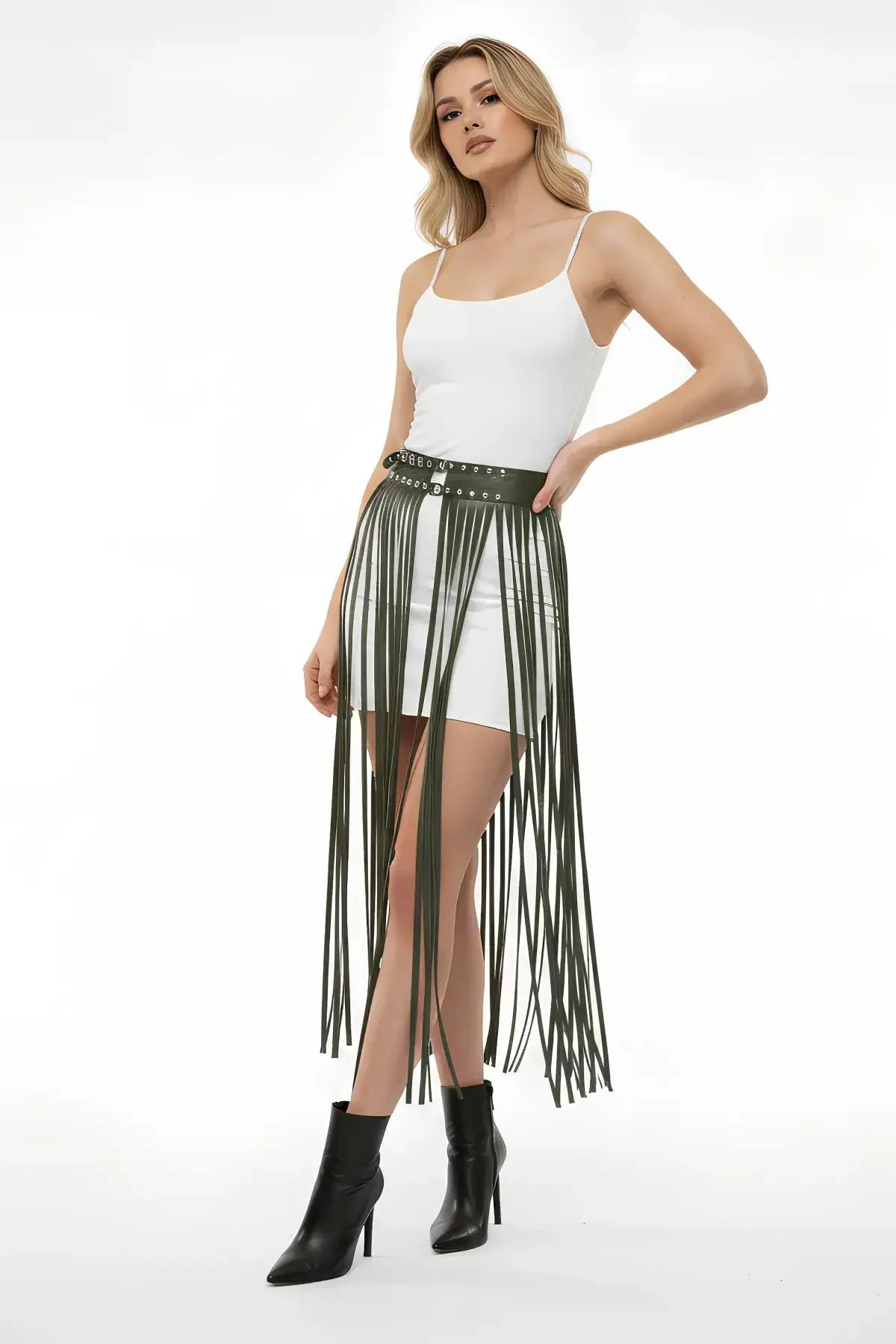 Fringed Faux Leather Belt Skirt with Stud Details