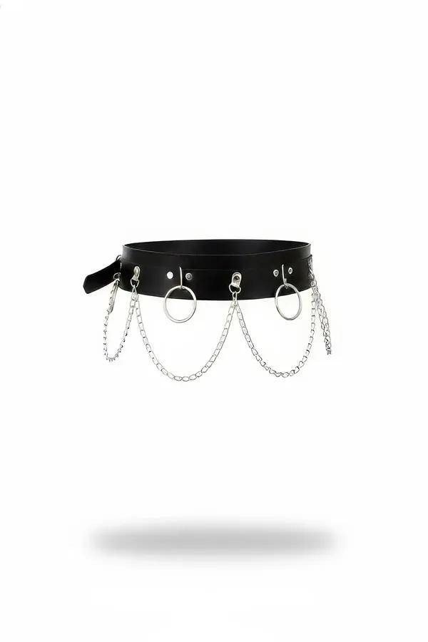 Wide Faux Leather Waist Harness Belt with Draped O-Ring Chains