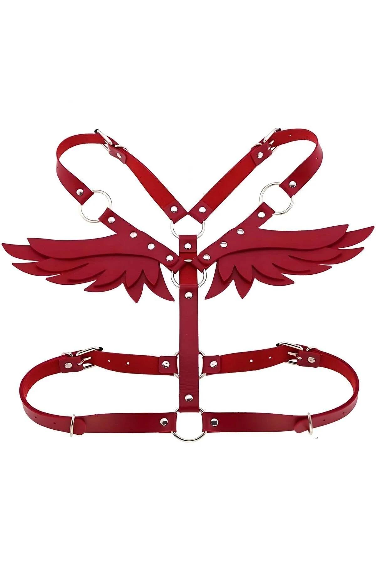 Red Leather Body Harness with Angel Wings Fashion Accessory